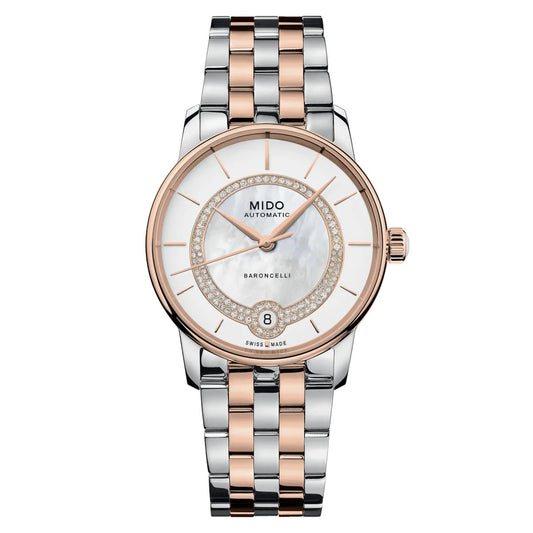 Mido M0378072203100 watch for woman with a white dial and stainless steel strap.