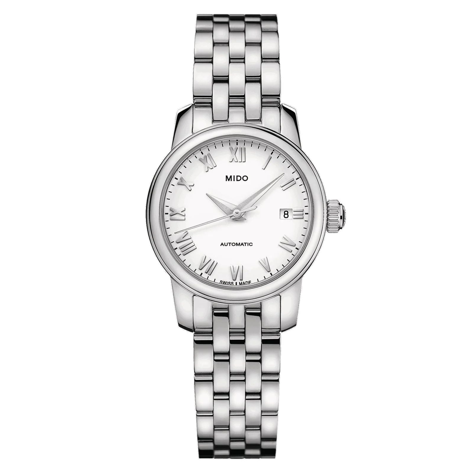 Mido M0390071101300 watch for woman with a white dial and stainless steel strap.