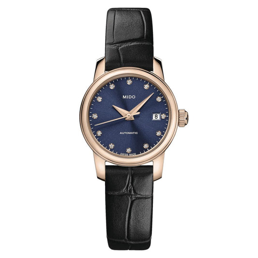 Mido M0390073604600 watch for woman with a blue dial and leather strap.