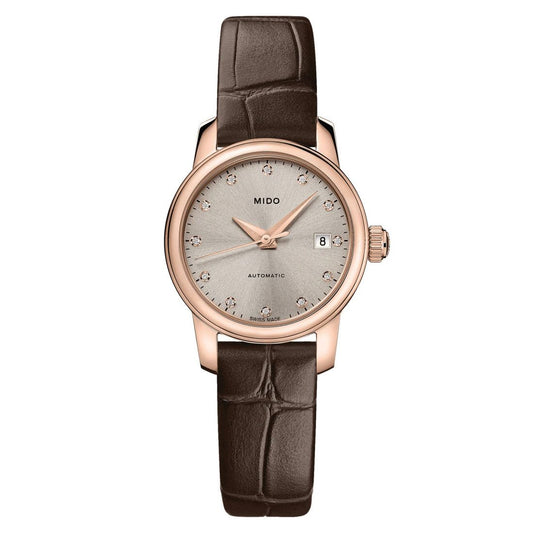 Mido M0390073607600 watch for woman with a white dial and leather strap.