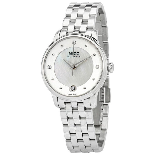 Mido M0392071110600 watch for woman with a white dial and stainless steel strap.
