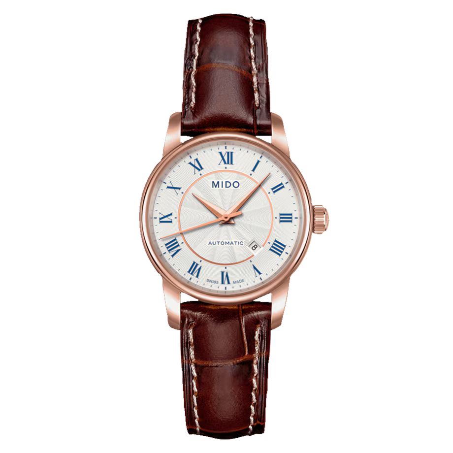 Mido M76002218 watch for woman with a white dial and leather strap.