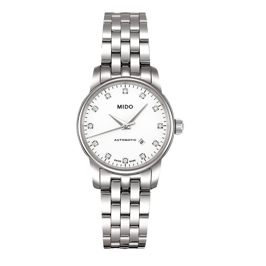 Mido M76004661 watch for woman with a white dial and stainless steel strap.