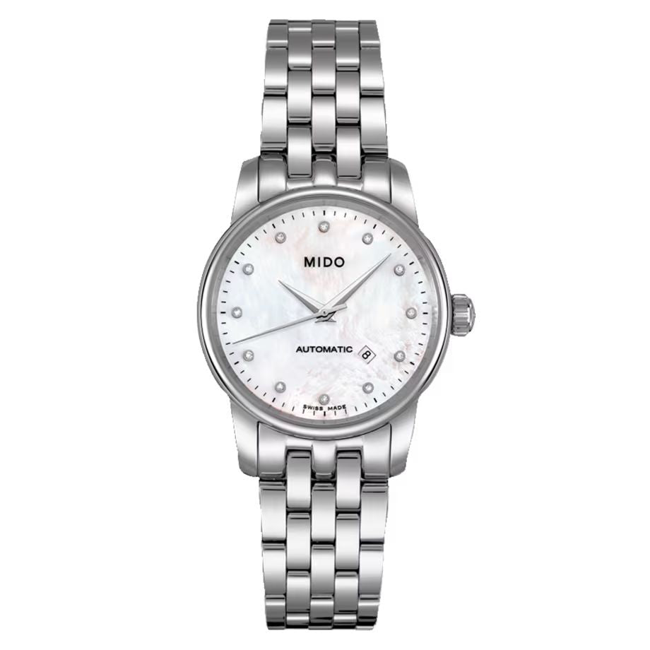 Mido M76004691 watch for woman with a white dial and stainless steel strap.