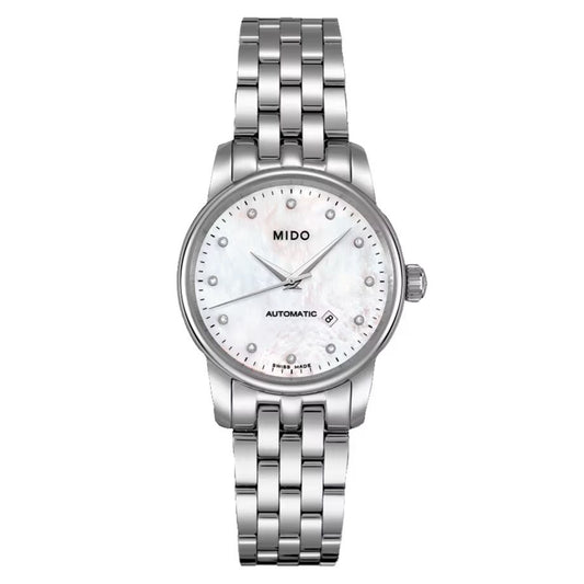 Mido M76004691 watch for woman with a white dial and stainless steel strap.
