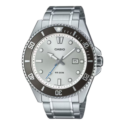 Casio MDV-107D-7AVDF watch for man with a grey dial and stainless steel strap.