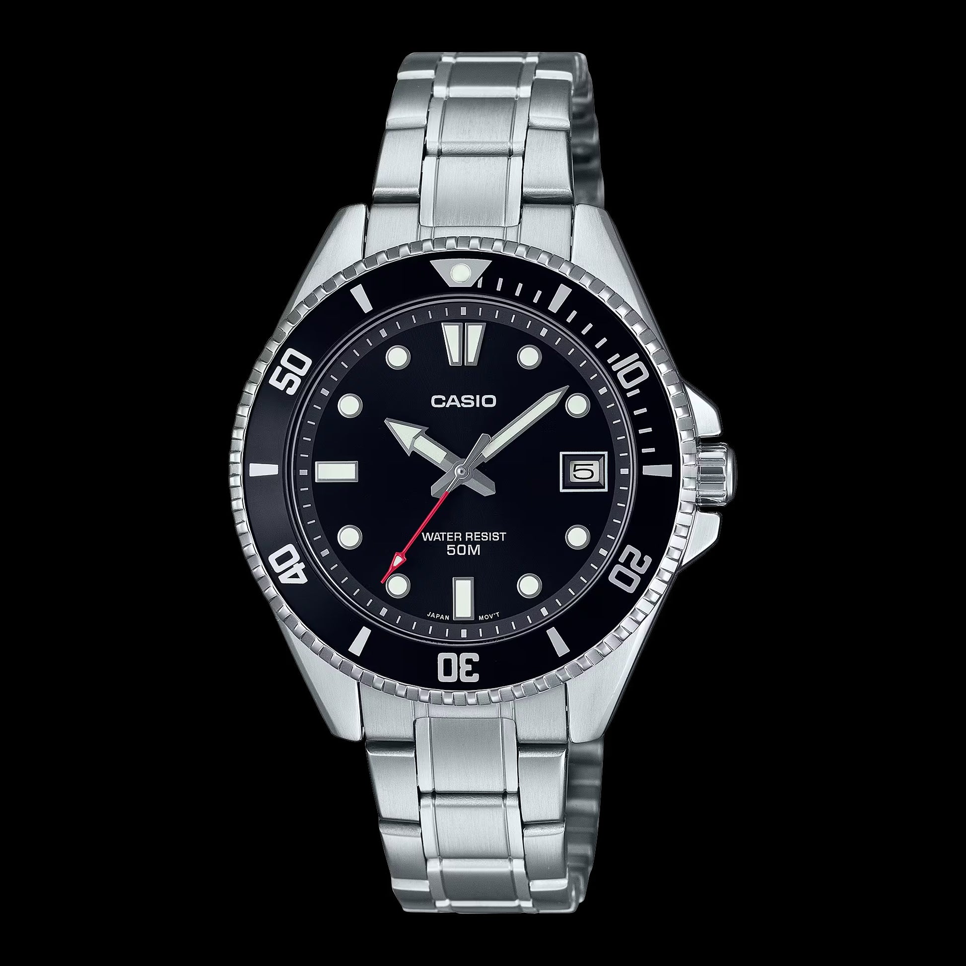 Casio MDV-10D-1A1VDF watch for man with a black dial and stainless steel strap.