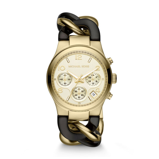 Michael Kors MK3242 watch for women with a golden dial and steel strap.