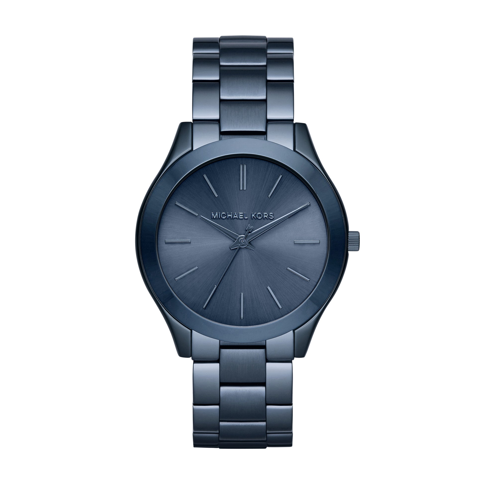 Michael Kors MK3419 watch for women with a blue dial and stainless steel strap.