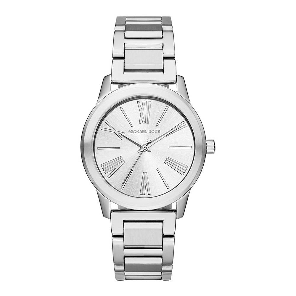 Michael Kors MK3489 watch for woman with a grey dial and steel strap.