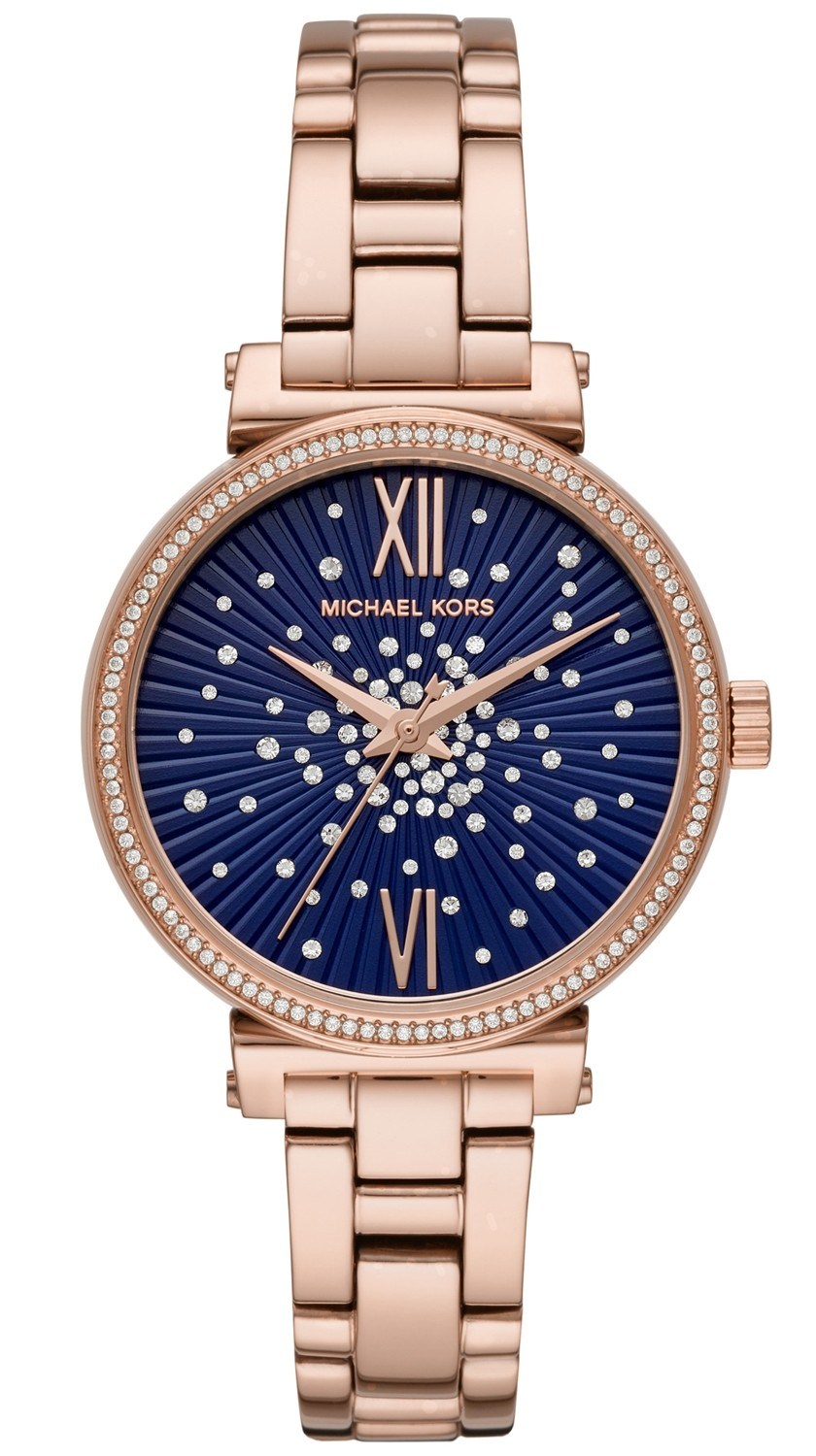 Michael Kors MK3971 watch for women with a blue dial and steel strap.