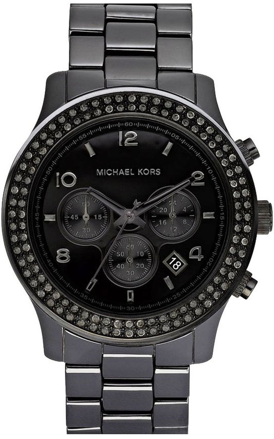 Michael Kors MK5360 watch for women with a black dial and stainless steel strap.