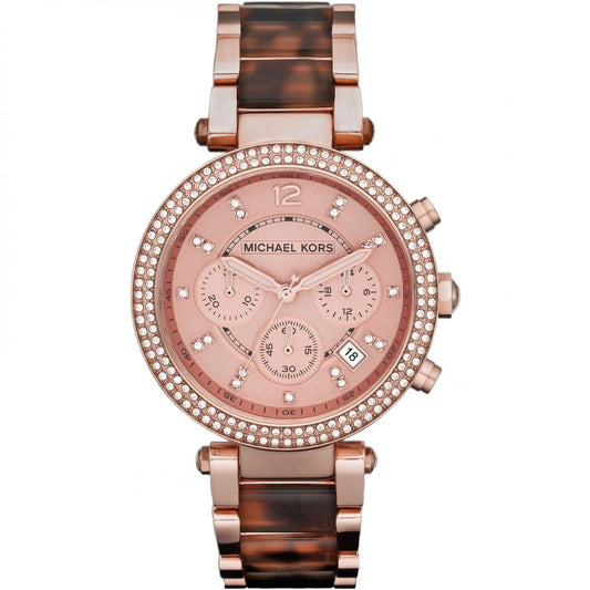 Michael Kors MK5538 watch for woman with a rose gold/ tortoiseshell dial and steel strap.