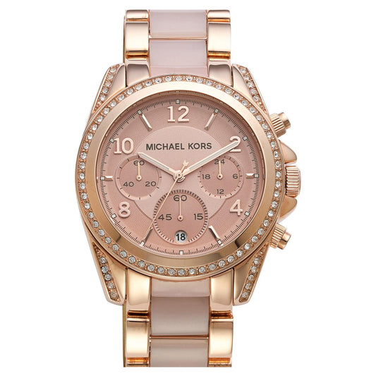 Michael Kors MK5943 watch for women with a pink dial and steel strap.
