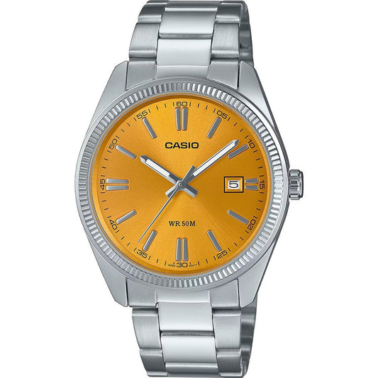 Casio MTP-1302PD-9AVEF watch for women with a orange dial and steel strap.