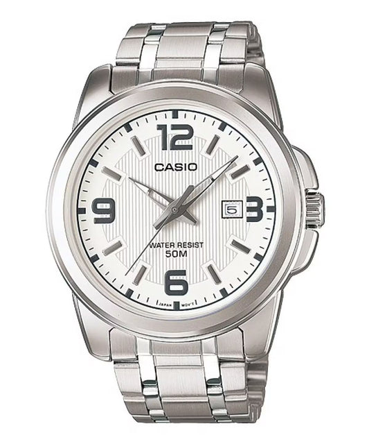 Casio MTP-1314D-7A watch for man with a grey dial and stainless steel strap.