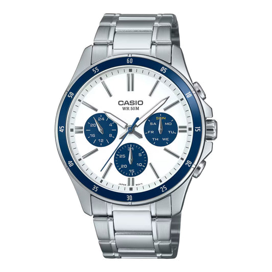 Casio MTP-1374D-7A2VDF watch for man with a white dial and stainless steel strap.