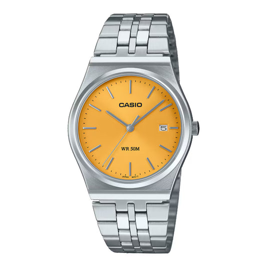 Casio MTP-B145D-9AVEF watch for women with a orange dial and steel strap.