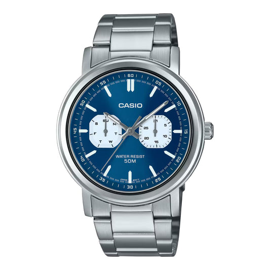 Casio MTP-E335D-2E1VDF watch for man with a blue dial and stainless steel strap.