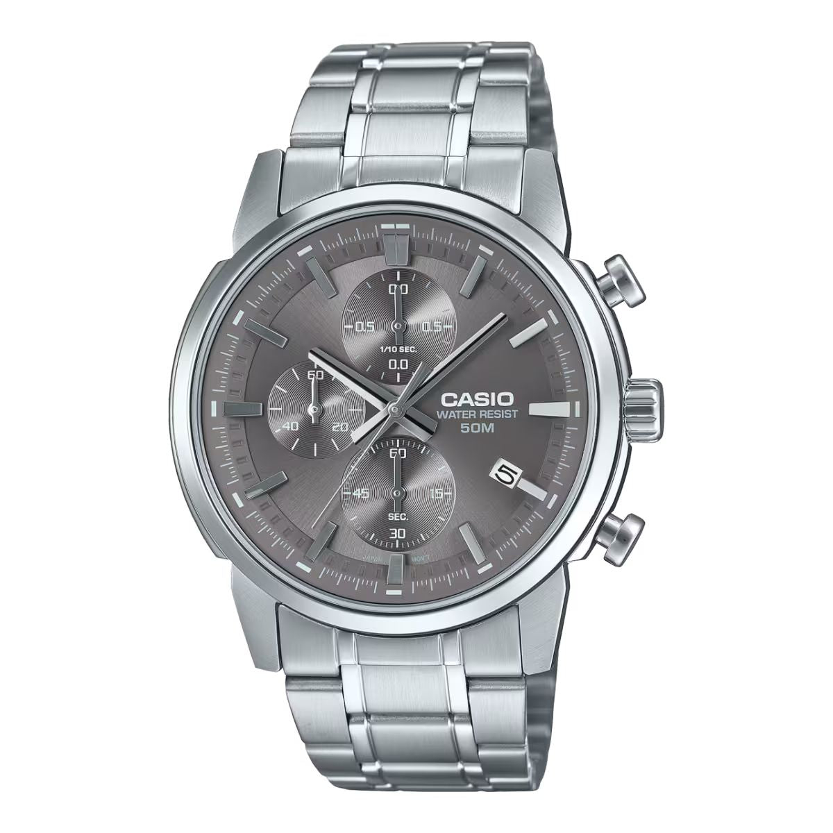 Casio MTP-E510D-8AVDF watch for man with a grey dial and stainless steel strap.