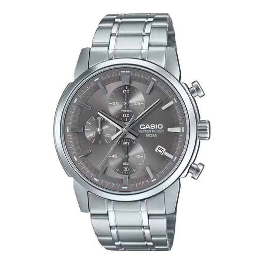 Casio MTP-E510D-8AVDF watch for man with a grey dial and stainless steel strap.