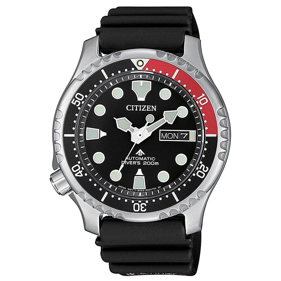 Citizen NY0085-19E watch for man with a black dial and rubber strap.