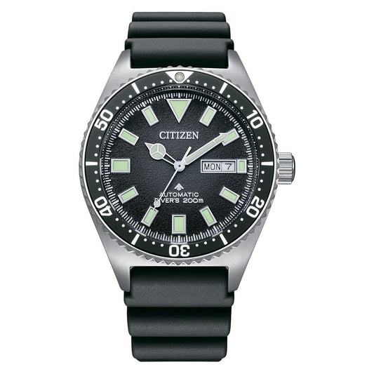 Citizen NY0120-01E watch for man with a black dial and rubber strap.