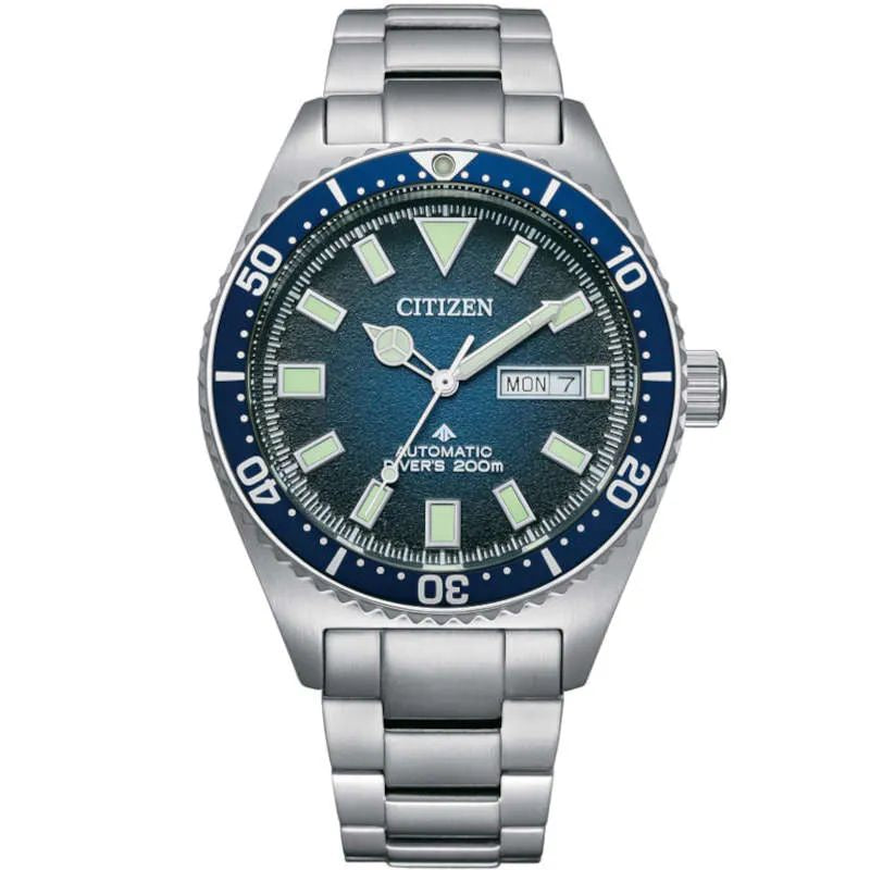 Citizen NY0129-58L watch for man with a blue dial and stainless steel strap.