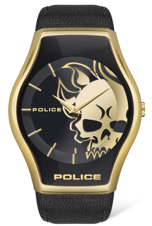 Police PEWJA2002301 watch for man with a black dial and leather strap.
