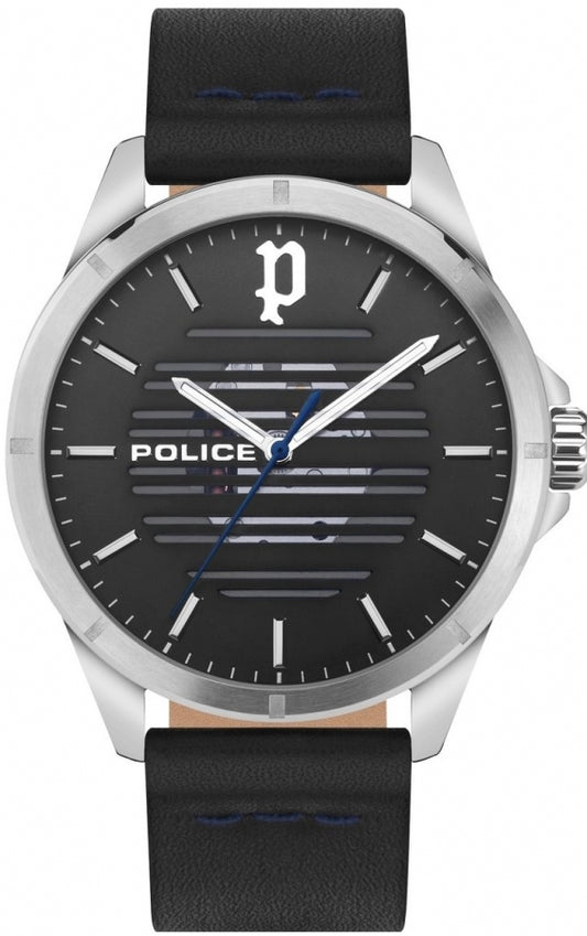Police PEWJA2204502 watch for man with a black dial and leather strap.