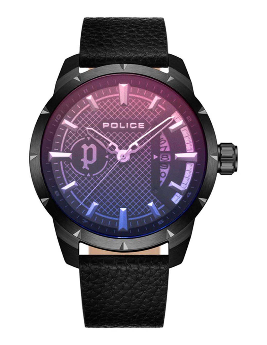 Police PEWJB2226901 watch for man with a multicolored dial and leather strap.