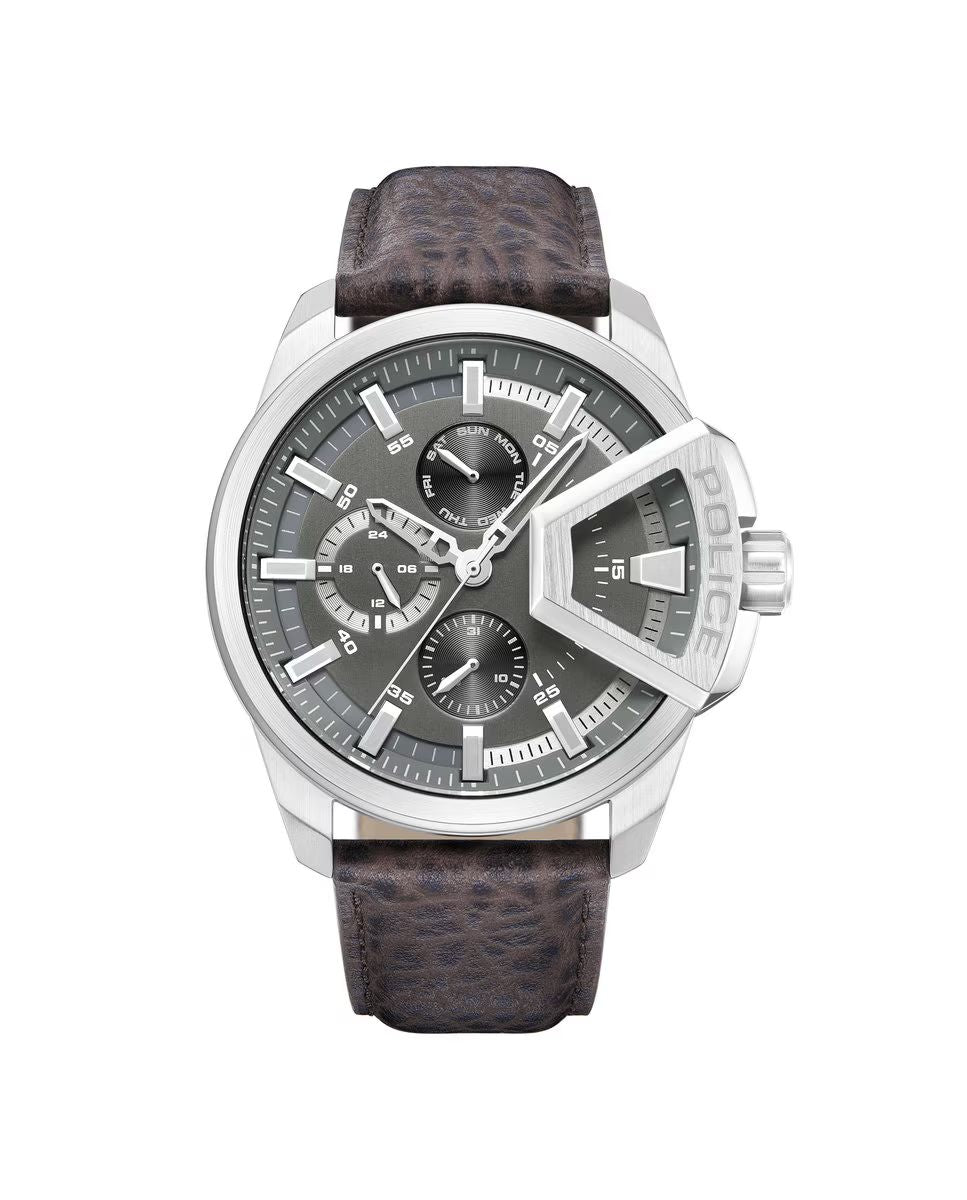 Police PEWJF0005703 watch for man with a grey dial and leather strap.