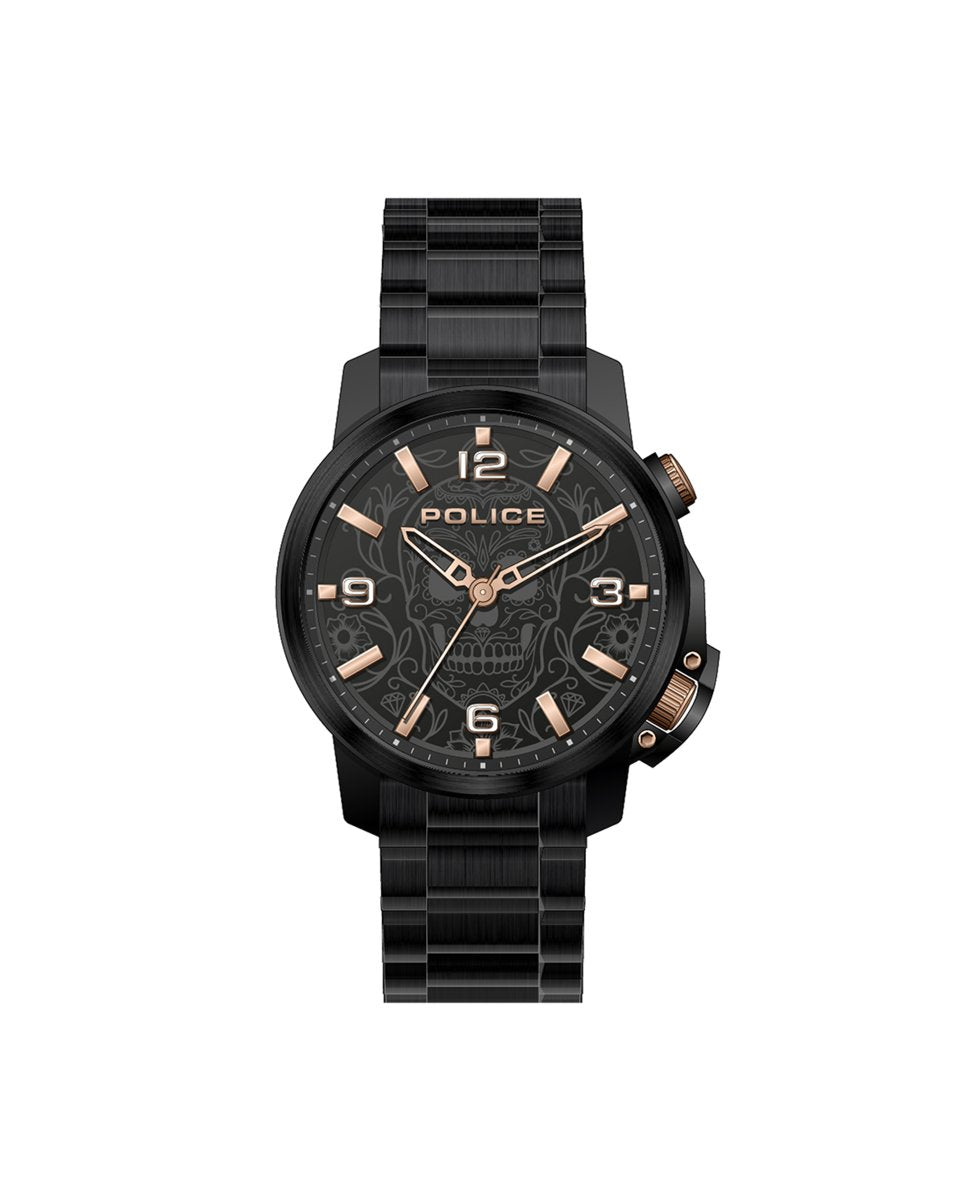 Police PEWJJ2110001 watch for man with a black dial and stainless steel strap.