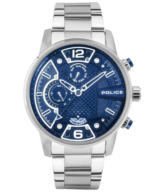 Police PEWJK2203303 watch for man with a blue dial and stainless steel strap.