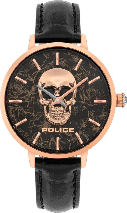 Police PL16032MSR-02 watch for women with a black dial and leather strap.