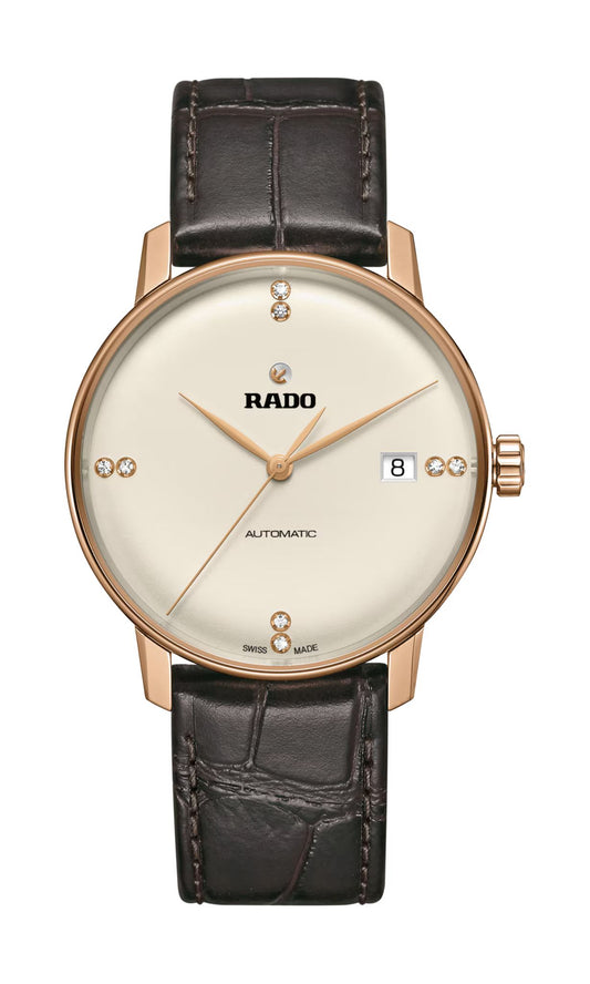 Rado R22861765 watch for man with a white dial and leather strap.