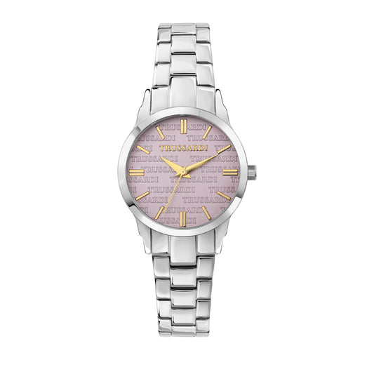 Trussardi R2453141508 watch for women with a purple printed dial and stainless steel strap.