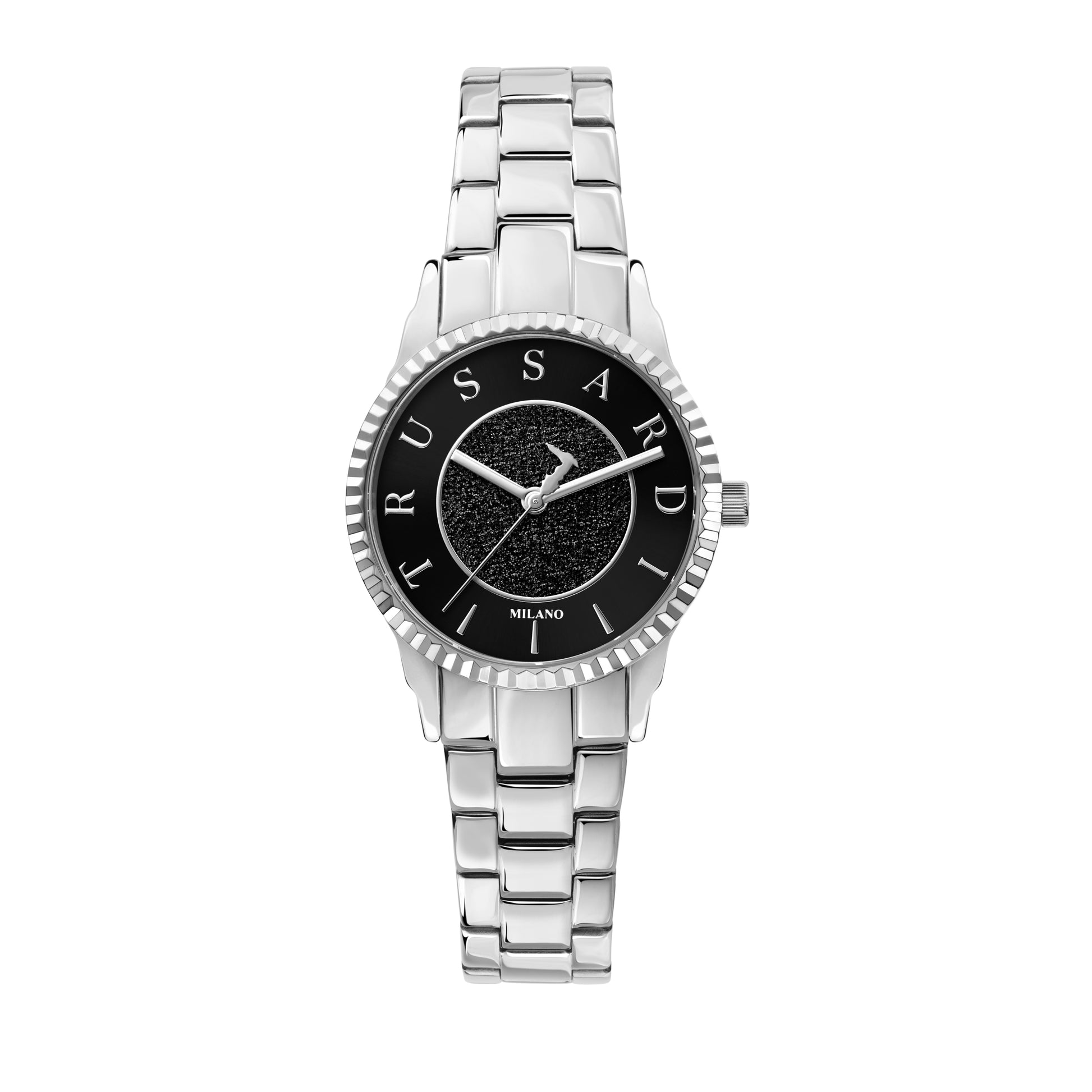 Trussardi R2453144503 watch for women with a black diamond dust dial and stainless steel strap.