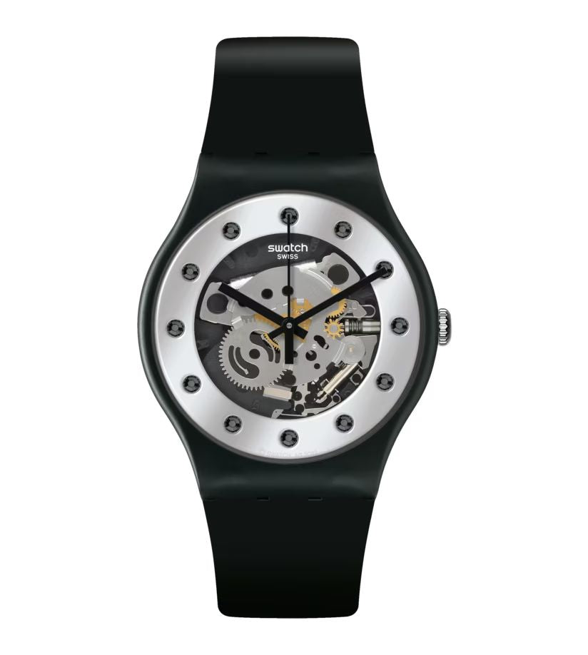 Swatch SUOZ147 watch for unisex with a white dial and plastic strap.