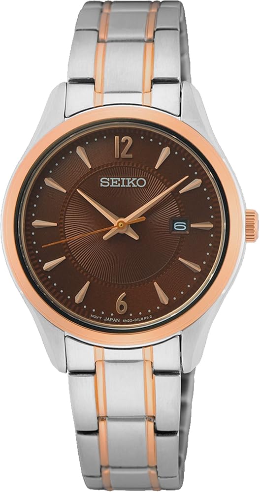 Seiko SUR476P1 watch for women with a brown dial and stainless steel strap.