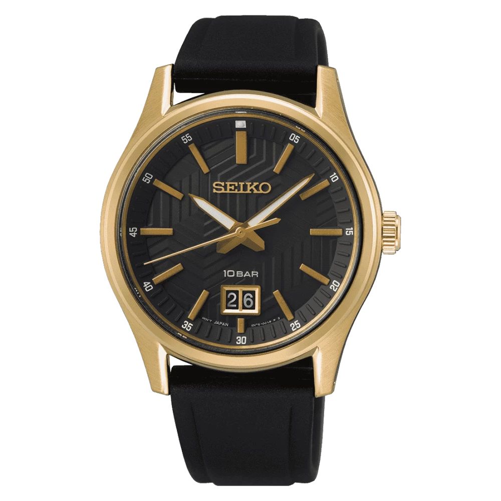 Seiko SUR560P1 watch for man with a black dial and silicone strap.