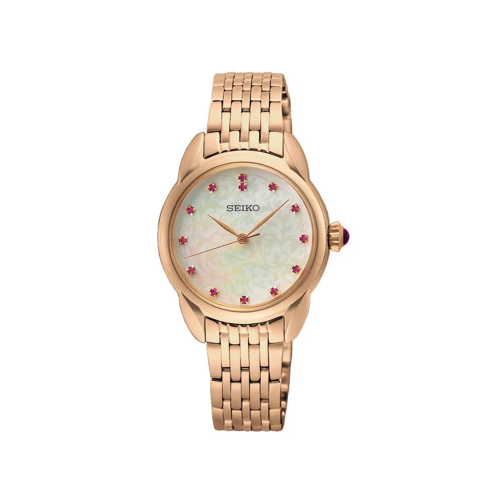 Seiko SUR564P1 watch for women with a beige dial and stainless steel strap.