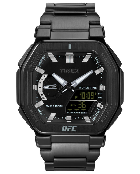 Timex TW2V84800 watch for man with a black dial and stainless steel strap.