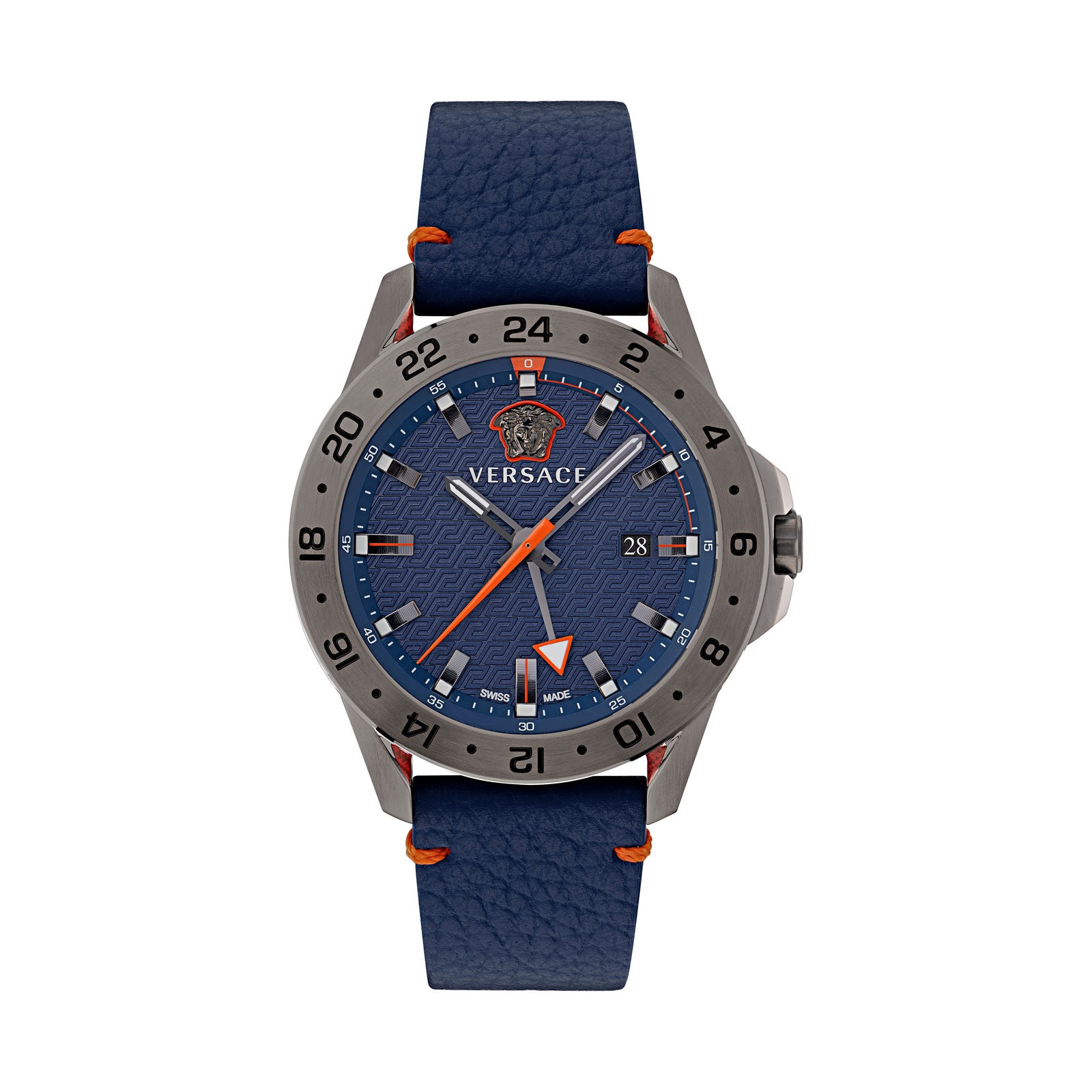 Versace VE2W00222 watch for man with a blue dial and leather strap.