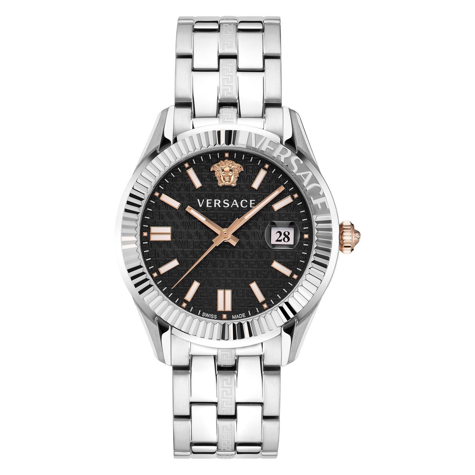 Versace VE3K00322 watch for women with a black dial and stainless steel strap.